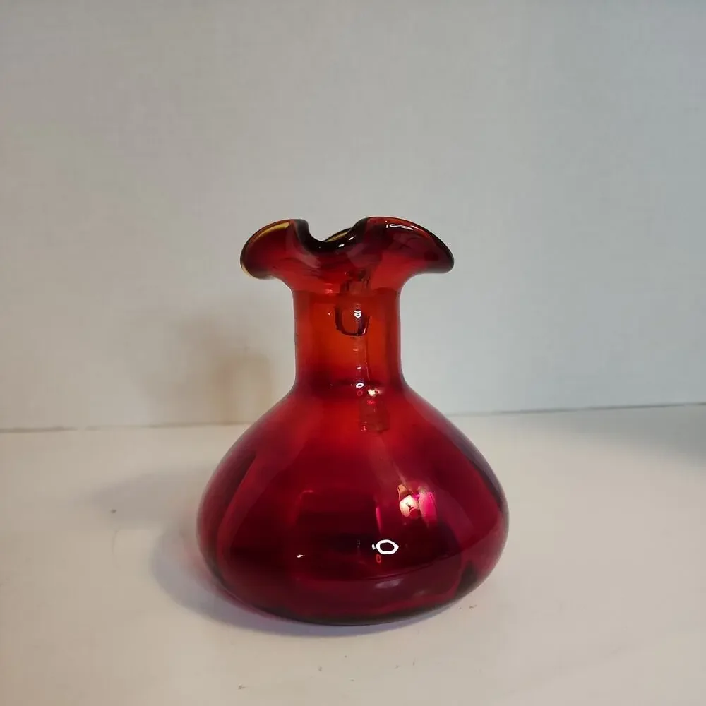 VTG Red Art Glass Optic Creamer Cruet Hand Blown Yellow Trim & Applied Handle